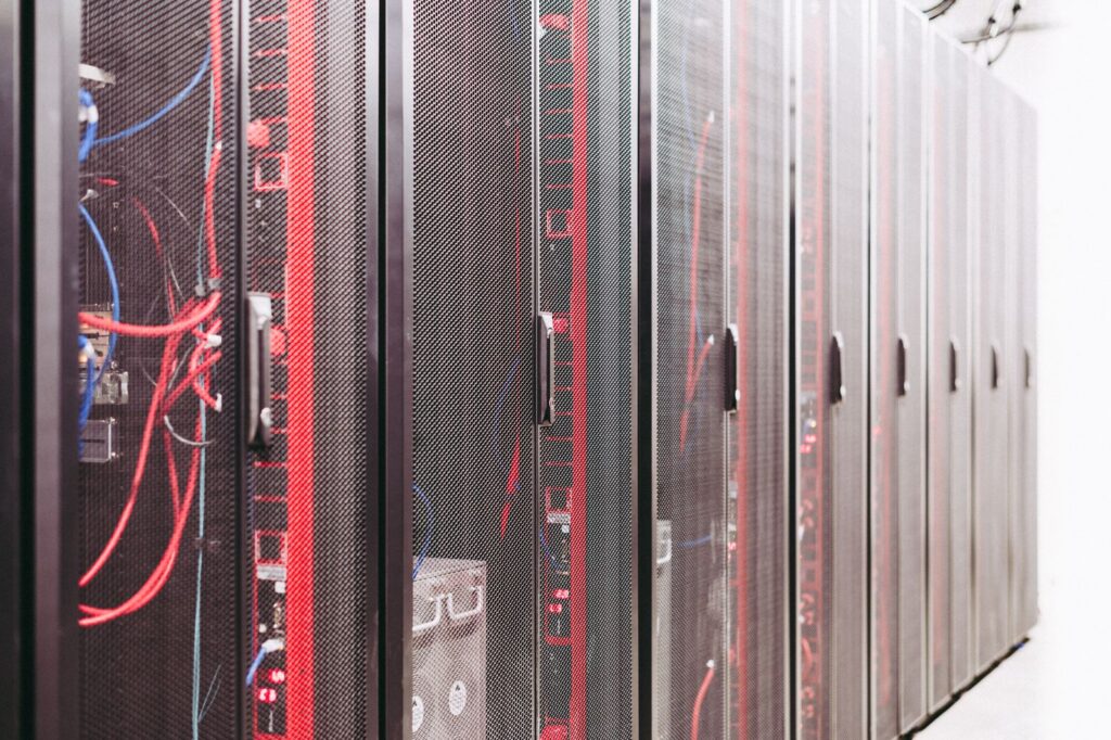 Server racks with network cabling in a data center